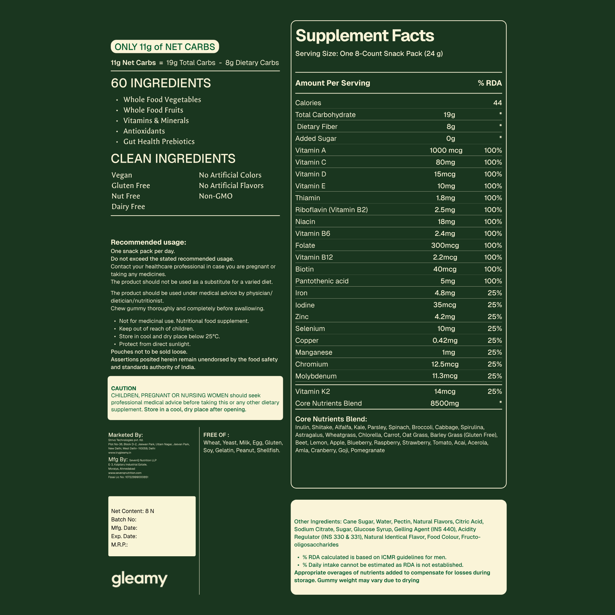 Nutrition label for Gleamy - Green gummies