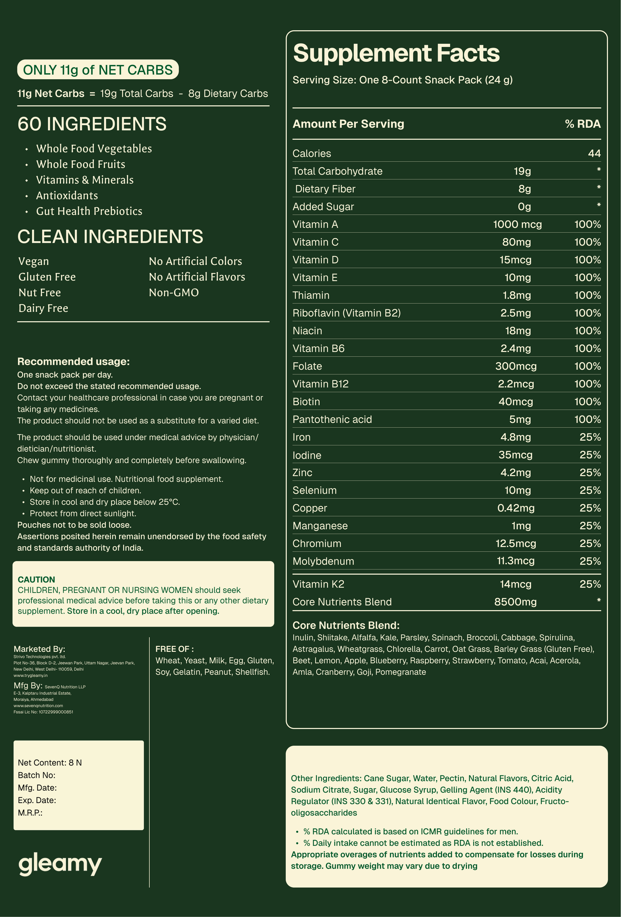 Nutrition label for Gleamy - Green gummies